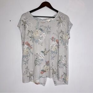 Rachel Ashwell Size Large Linen Top Short Sleeve Button Back Floral Blue Light
